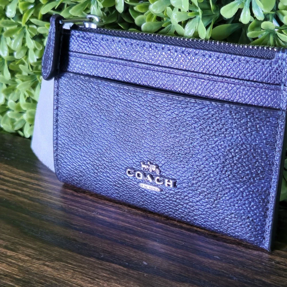 Coach CC550 Mini ID Case Card Holder Metallic Navy Blue Leather Zip Wallet NEW - Picture 3 of 7